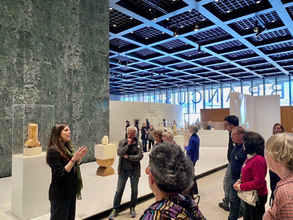 Art historian Katharina-Maria Raab (left) in front of Brancusi’s torsi at Neue Nationalgalerie Berlin . Photo: Anemone Vostell